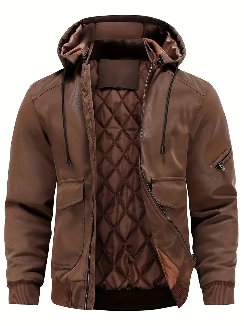 Hugo - Herren Leder-Winterjacke mit Kapuze