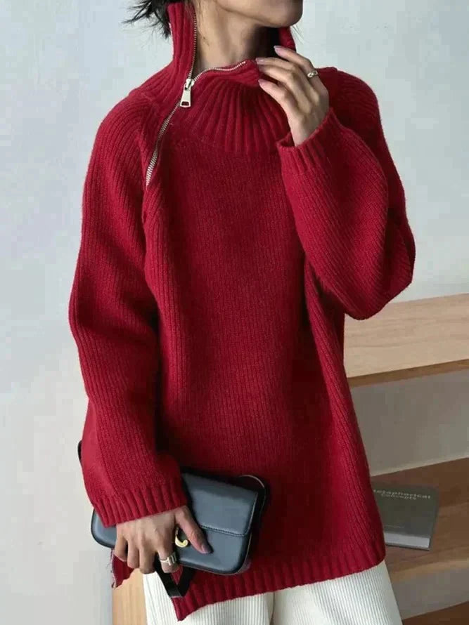 Scarlet™ - Roter einfarbiger Pullover mit hohem Halsausschnitt