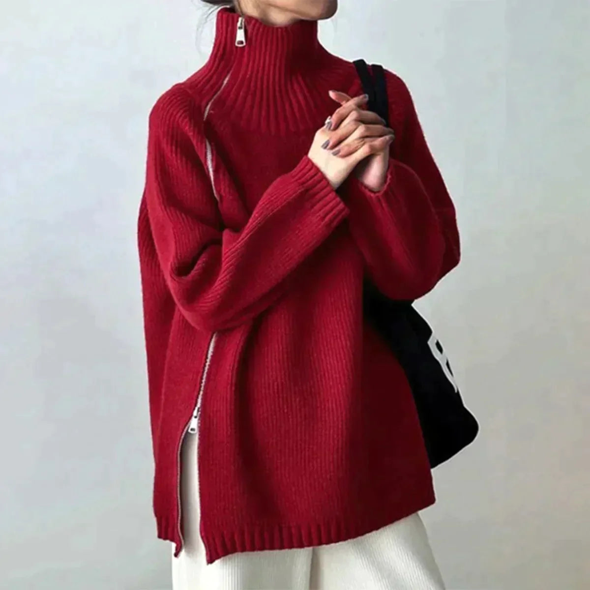 Scarlet™ - Roter einfarbiger Pullover mit hohem Halsausschnitt