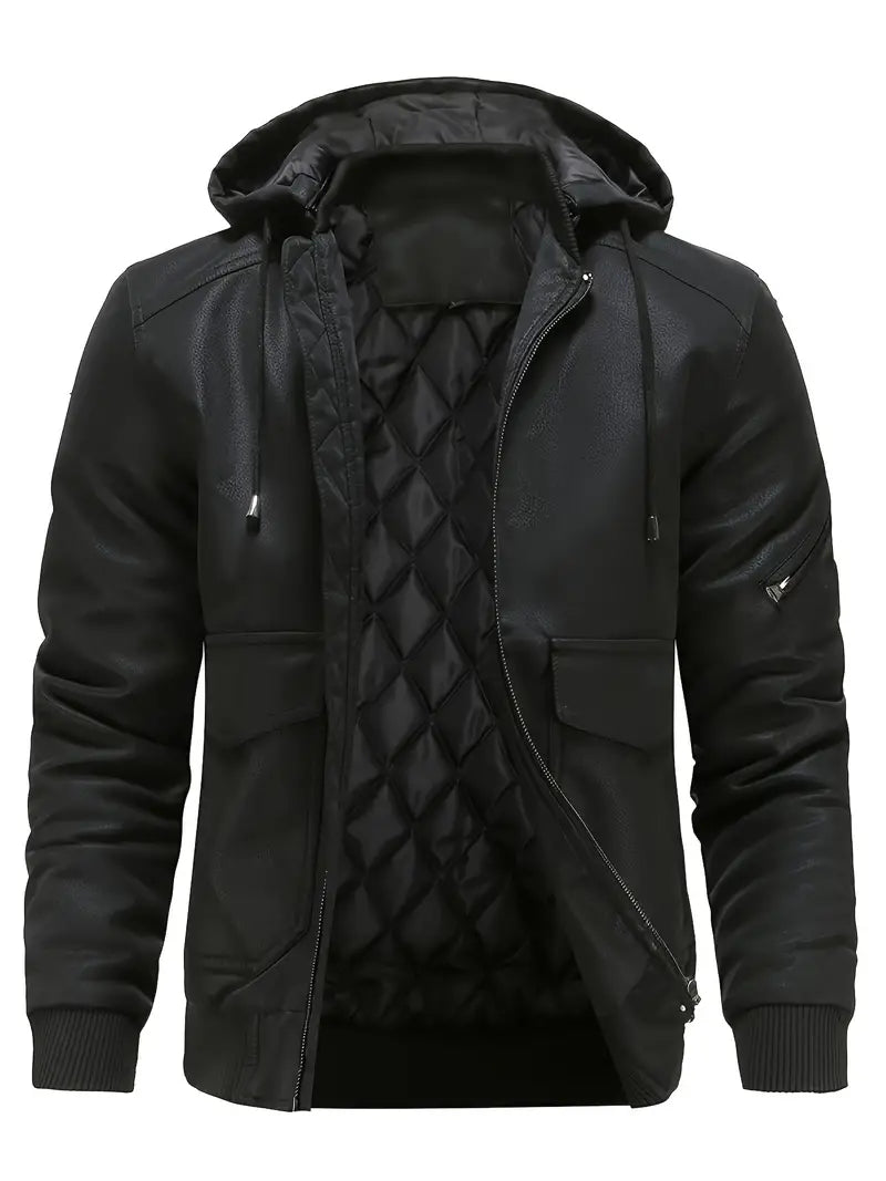 Hugo - Herren Leder-Winterjacke mit Kapuze